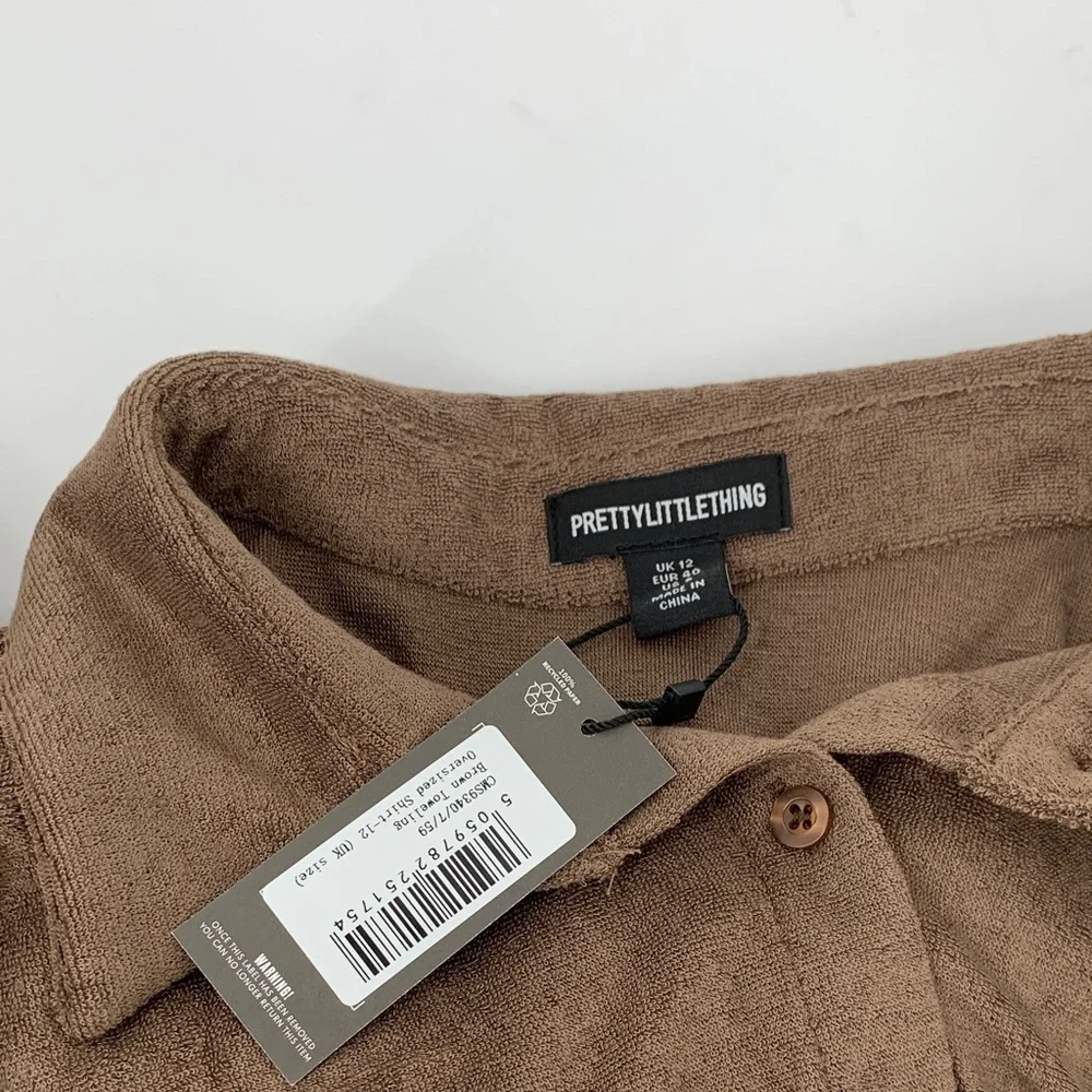 PrettyLittleThing oversized button front cozy terry shirt brown chocolate 8 M